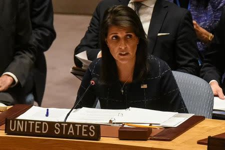 FILE PHOTO: U.S. Ambassador to the UN, Nikki Haley, delivers remarks during a United Nations Security Council meeting on North Korea in New York City, U.S., September 11, 2017. REUTERS/Stephanie Keith/File Photo