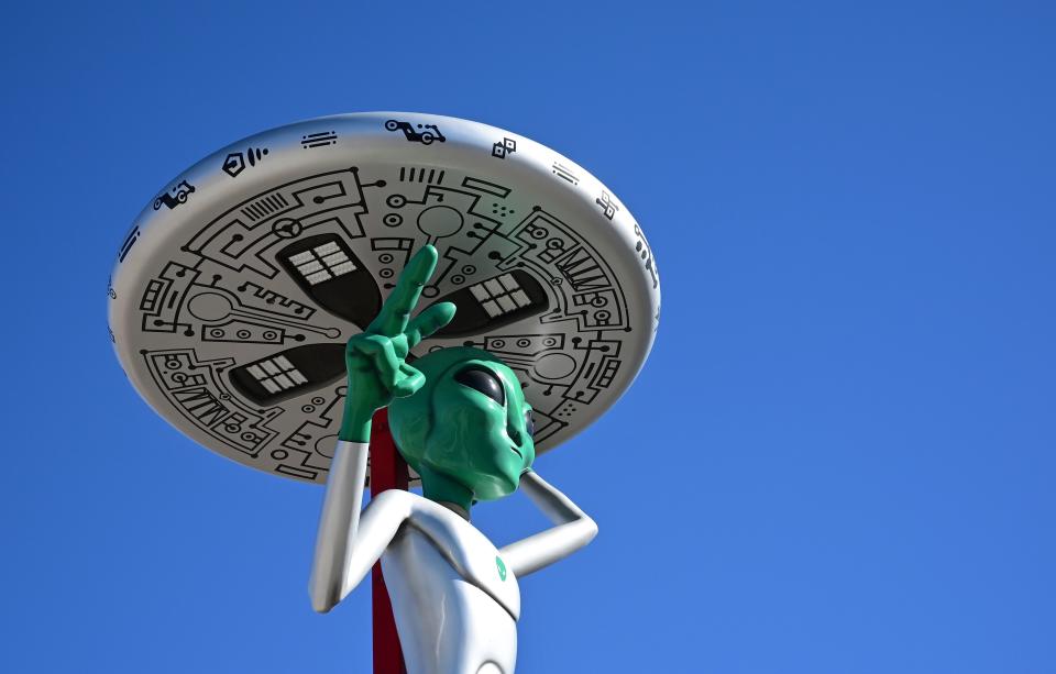 An Alien sculpture lines the side of the road in the town of Baker, California, which claims the world's largest thermometer at 134 feet, and it also known as the 'Gateway to Area 51' on March 4, 2019. - The Alien sculptures are part of the business Alien Fresh Jerky remains a popular spot for a break for drivers going to and from Los Angeles to Las Vegas. (Photo by Frederic J. BROWN / AFP)        (Photo credit should read FREDERIC J. BROWN/AFP/Getty Images)