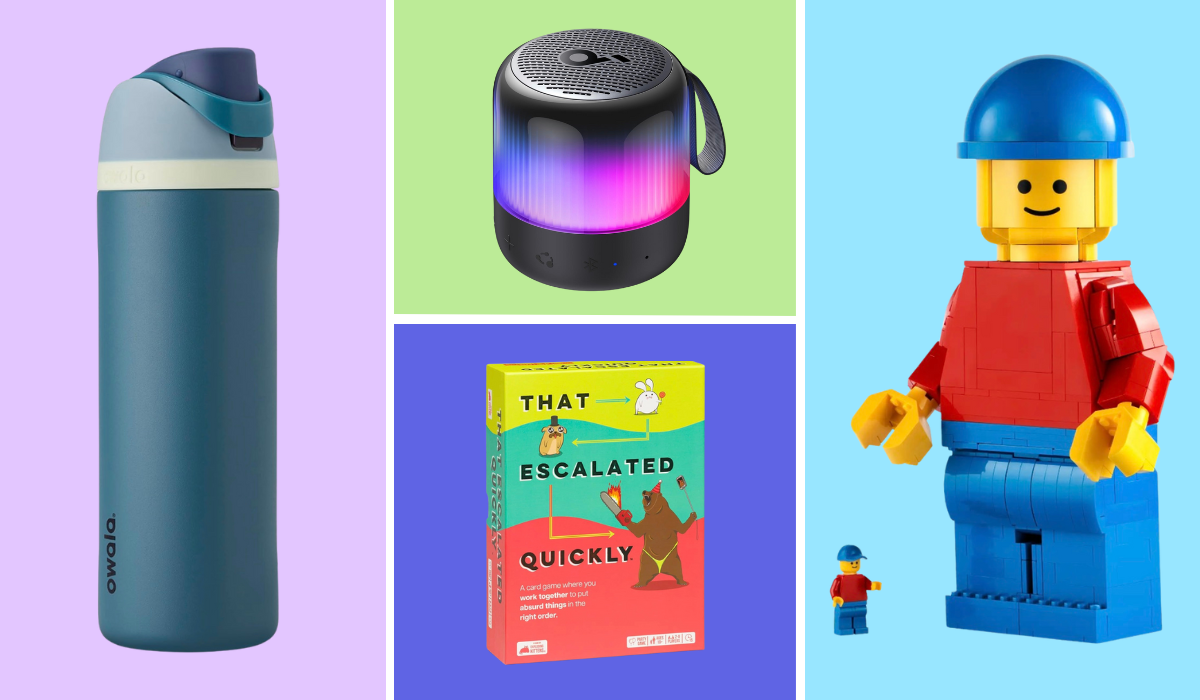 Owalla water bottle, Soundcore wireless speaker, That Escalated Quickly card game, upscaled Lego mini figure