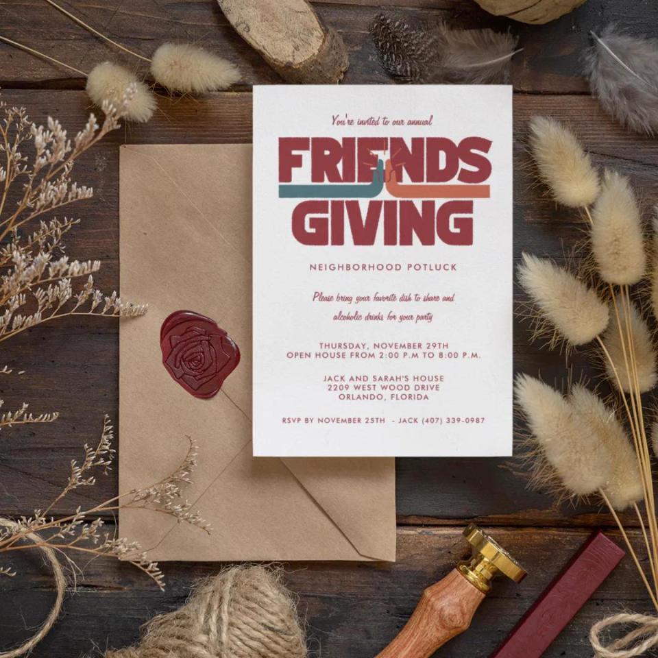 <p><a href="https://go.redirectingat.com?id=74968X1596630&url=https%3A%2F%2Fwww.zazzle.com%2Ffriendsgiving_thanksgiving_potluck_invitation-256666223571298252&sref=https%3A%2F%2Fwww.thepioneerwoman.com%2Fholidays-celebrations%2Fg44811004%2Ffriendsgiving-invitations%2F" rel="nofollow noopener" target="_blank" data-ylk="slk:Shop Now;elm:context_link;itc:0;sec:content-canvas" class="link ">Shop Now</a></p><p>Neighborhood Potluck Invitation</p><p>$1.46</p><p>zazzle.com</p><span class="copyright">Zazzle</span>