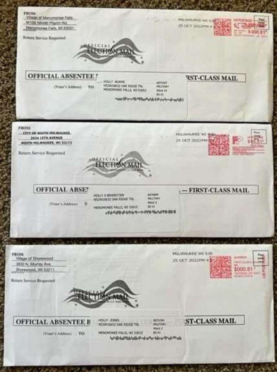 PHOTO: Three fraudulent military mail-in ballots sent to Rep. Janel Brandtjen's home address in Wisconsin. (Rep. Janel Brandtjen)