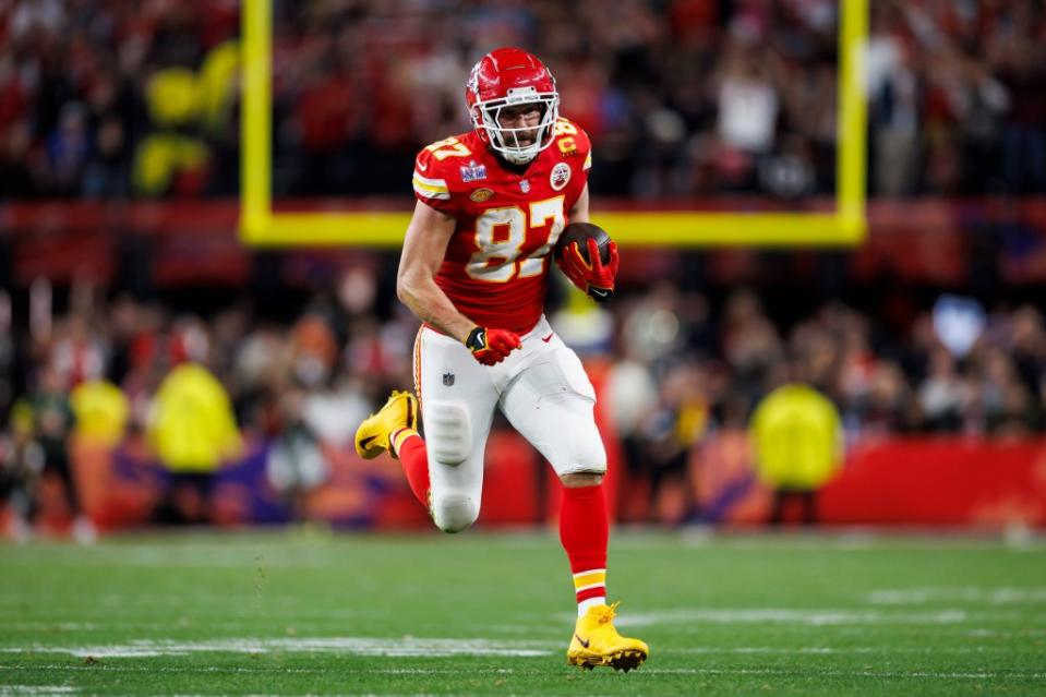 Travis Kelce in action during Super Bowl LVIII, in which his Kansas City Chiefs defeated the San Francisco 49ers in overtime. Getty Images