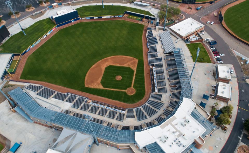 Aerial drone view of Tempe Diablo Stadium, the Cactus League home of the Los Angeles Angels of Anaheim in Tempe on Jan. 9, 2019.