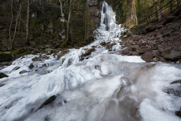 Frozen Nideck waterfall in Oberhaslach, eastern France