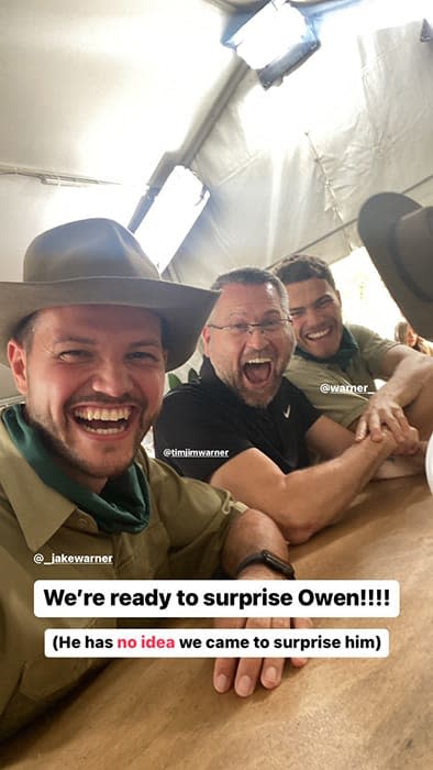 Owens father Tim and brothers Jake and Louis ready to surprise him in the jungle