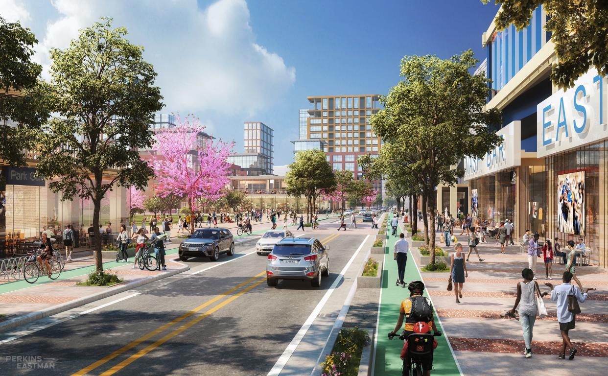 A rendering shows a street proposed in Imagine East Bank, a draft plan by the Metro Nashville Planning Department released on Aug. 22, 2022, that envisions what a redeveloped neighborhood around the Titans stadium could look like.