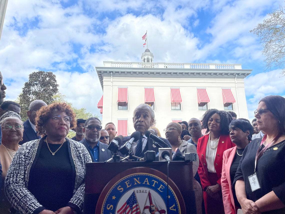 The Rev. Al Sharpton addresses a crowd of several hundred people outside the historic Capitol in Tallahassee, Florida, on Wednesday, Feb. 15, 2023. Ana Ceballos/aceballos@miamiherald.com