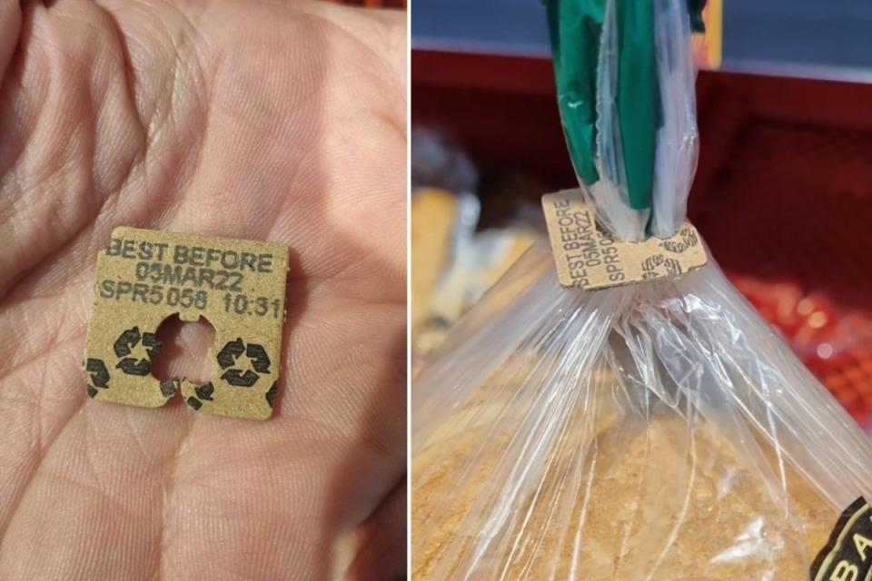 Aldi shopper holds sustainable bread tag and shows it on a bread bag