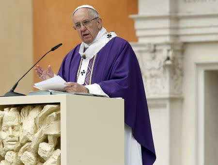 Pope Francis speaks as he celebrates a Holy Mass in Carpi, Italy, April 2, 2017. REUTERS/Alessandro Garofalo