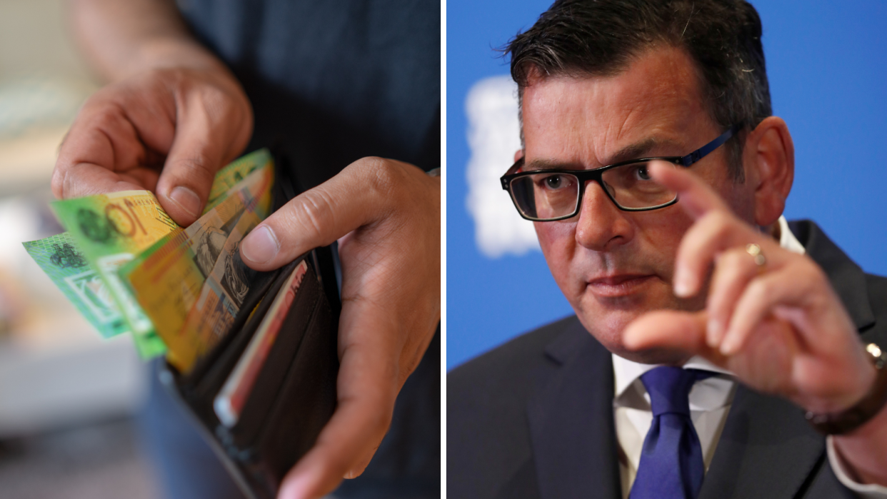 A person removing $100 bills from a wallet and Victorian Premier Dan Andrews.