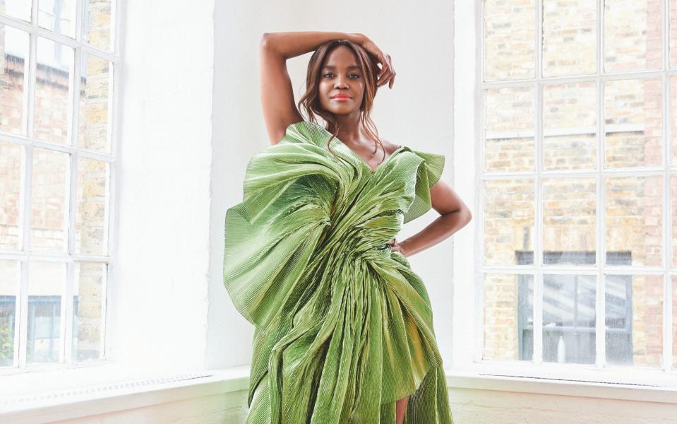 Oti Mabuse shot exclusively for Stella; Oti wears: plissé dress, price on request, Halpern; suede and crystal shoes, £1,850, Jimmy Choo - Christopher Fenner