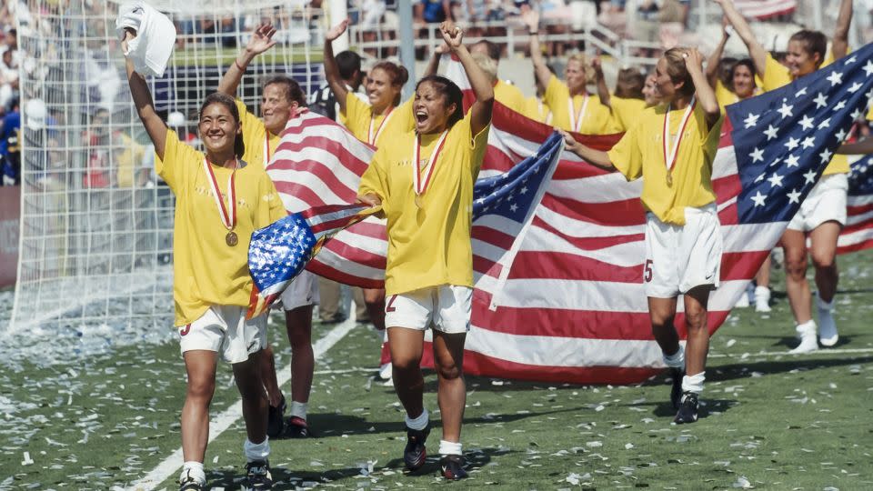 Members of the US National Team celebrate winning the 1999 FIFA Women's World Cup. - David Madison/Getty Images