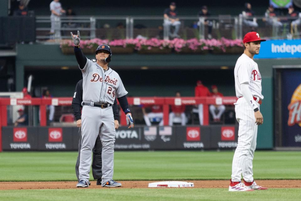 Tigers designated hitter Miguel Cabrera reacts in front of Phillies shortstop Trea Turner after hitting a double during the fifth inning on Tuesday, June 6, 2023, in Philadelphia.