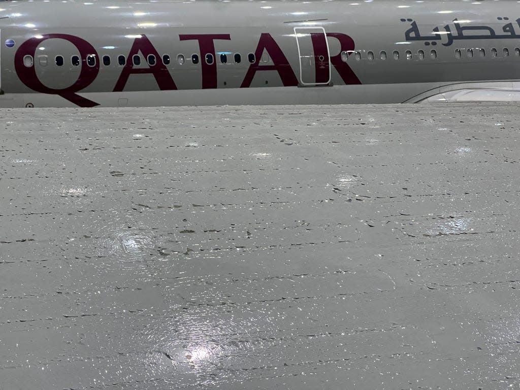 Surface damage seen on Qatar Airways' airbus A350 parked at Qatar airways aircraft maintenance hangar in Doha.