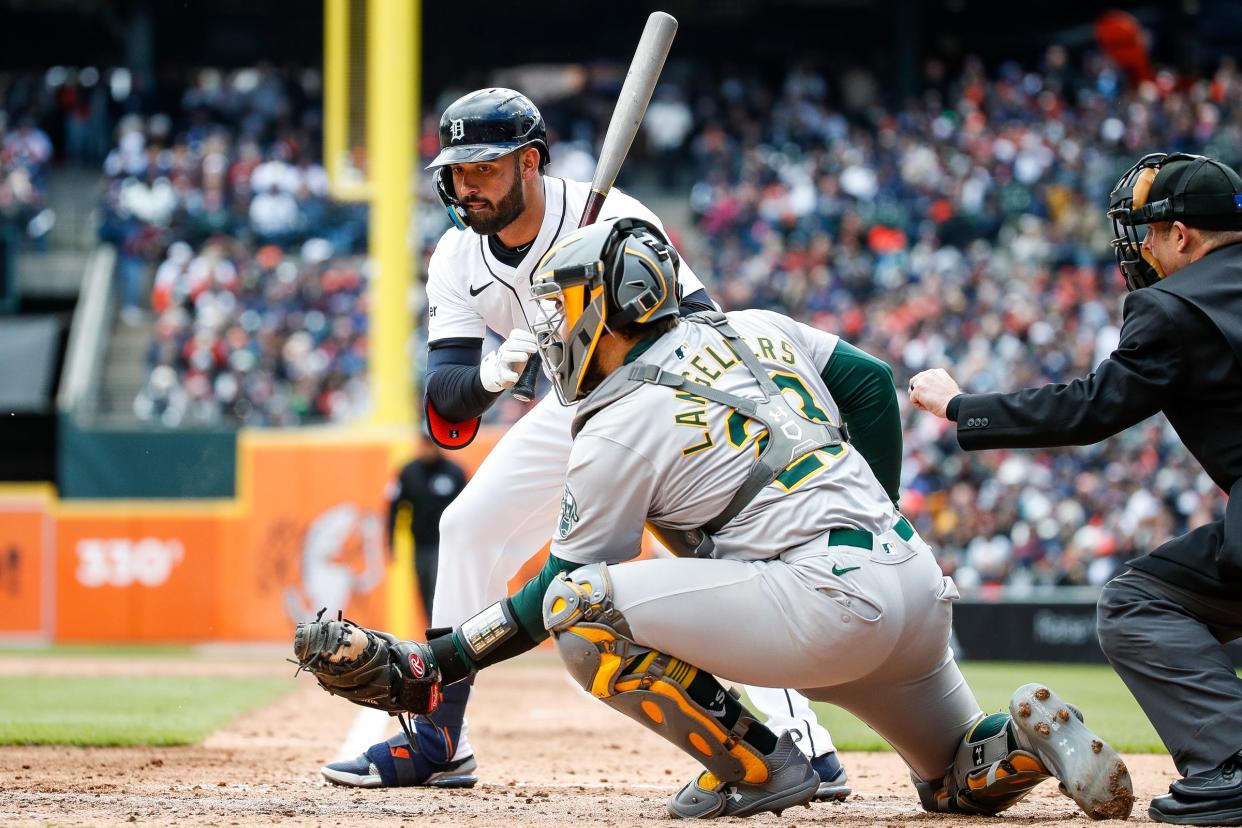 Detroit Tigers left fielder Riley Greene (31) bats against Oakland Athletics during the fourth inning of the home opening day at Comerica Park in Detroit on Friday, April 5, 2024.