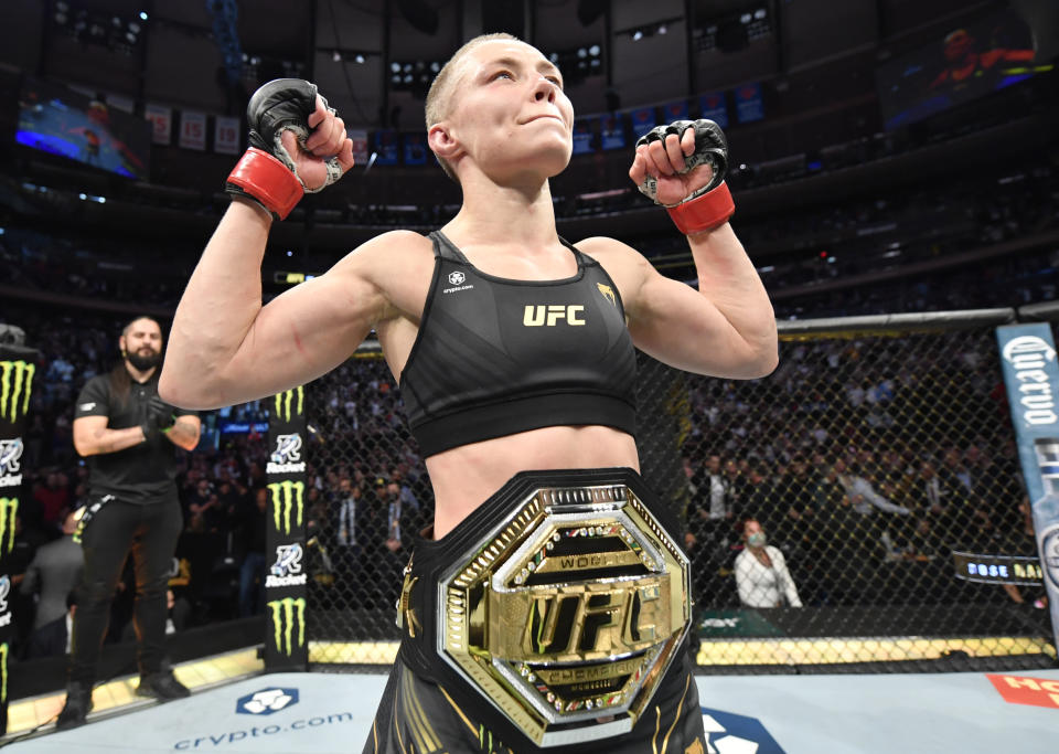 NEW YORK, NEW YORK - NOVEMBER 06: Rose Namajunas reacts after her split-decision victory over Zhang Weili of China in their UFC strawweight championship fight during the UFC 268 event at Madison Square Garden on November 06, 2021 in New York City. (Photo by Jeff Bottari/Zuffa LLC)