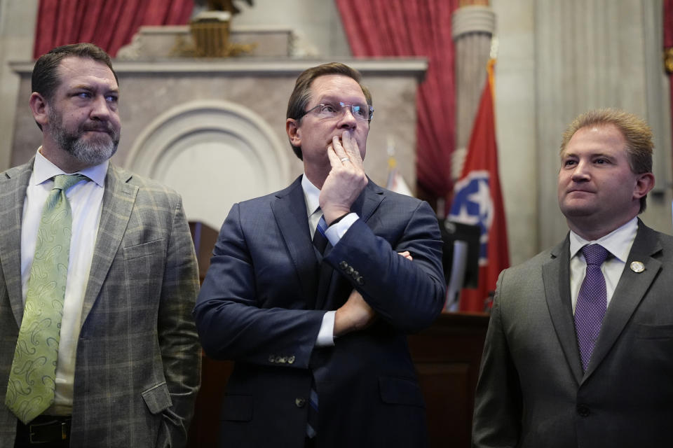 Rep. Jeremy Faison, R-Cosby, left, House Speaker Cameron Sexton, R-Crossville, center and Rep. William Lamberth, R-Portland, right, respond to questions during news conference after in the House chamber Thursday, Jan. 25, 2024, in Nashville, Tenn. (AP Photo/George Walker IV)