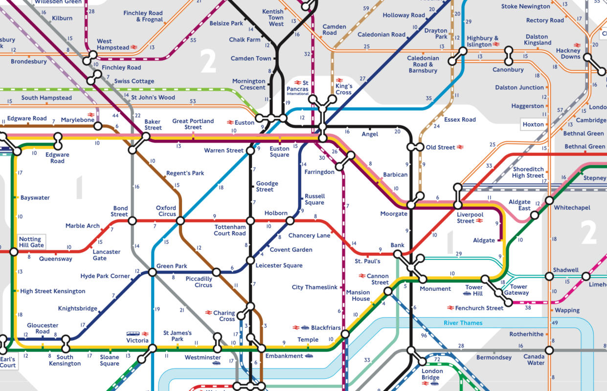 A map shows the walking times between stations on the Tube network. (TfL)