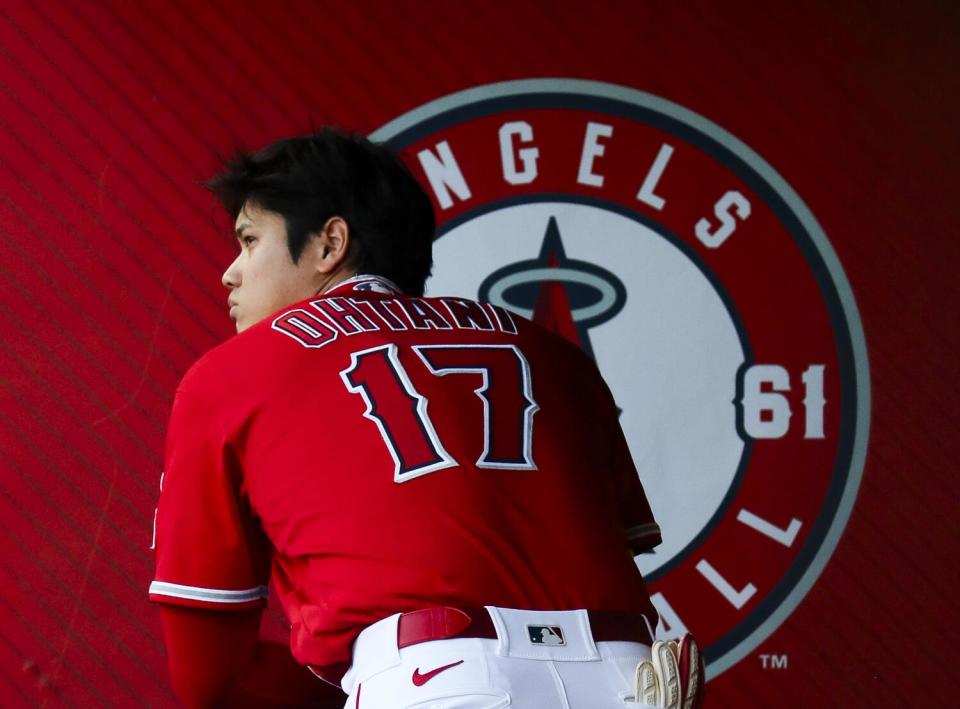 Angels designated hitter Shohei Ohtani in the dugout during a game against the Yankees in July.
