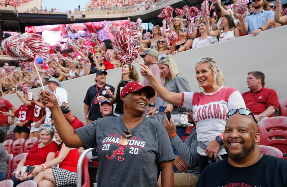 Alabama fans celebrates the Crimson Tide's win over Mercer Saturday, Sept. 11, 2021, in Bryant-Denny Stadium. [Staff Photo/Gary Cosby Jr.]