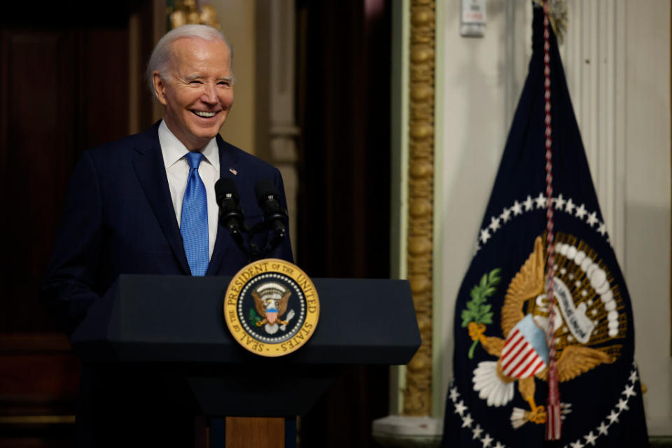 WASHINGTON, DC - DECEMBER 13: U.S. President Joe Biden addresses his National Infrastructure Advisory Council during a meeting in the Indian Treaty Room of the Eisenhower Executive Office Building on December 13, 2023 in Washington, DC. President Biden talked about his administration's success in passing the $1 trillion Bipartisan Infrastructure Law, legislation that is "not just about building infrastructure," he said. "It’s about building better infrastructure.”  (Photo by Chip Somodevilla/Getty Images)