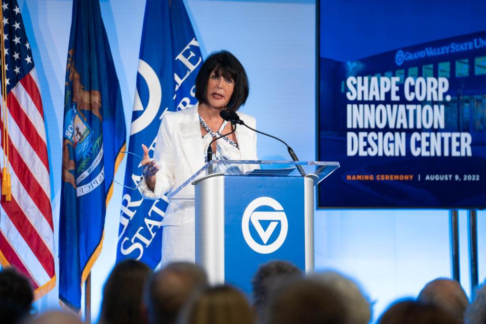 Grand Valley State University President Philomena Mantella speaks during a naming ceremony for the Shape Corp. Innovation Design Center Tuesday, Aug. 9.