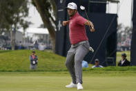 Jon Rahm, of Spain, reacts to his putt on the 17th green during the final round of the U.S. Open Golf Championship, Sunday, June 20, 2021, at Torrey Pines Golf Course in San Diego. (AP Photo/Marcio Jose Sanchez)