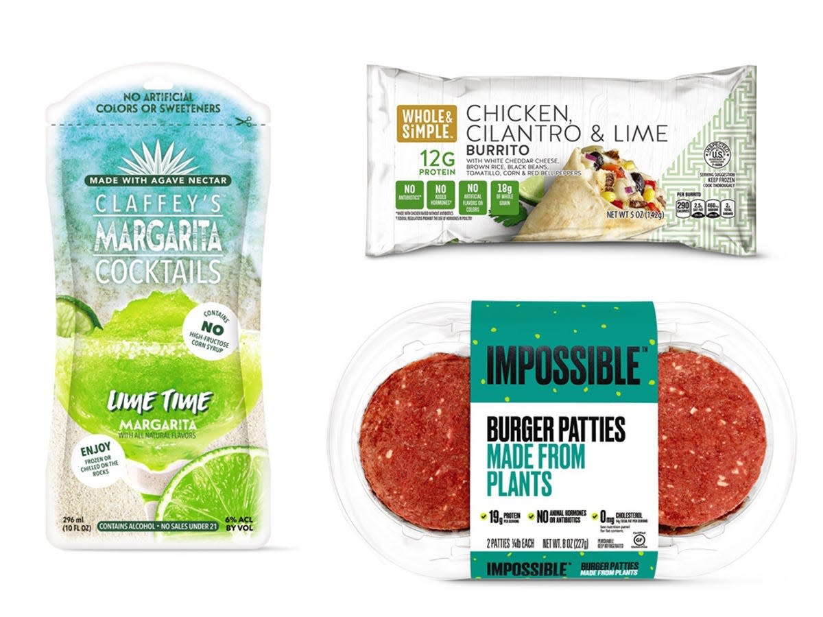 Green and blue frozen margarita pouch, white and green burrito package, and blue and white impossible burger packaging from Aldi