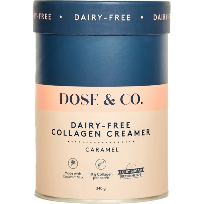 Blue and pink tube of Dose Caramel Collagen Creamer, $35, on a white background.