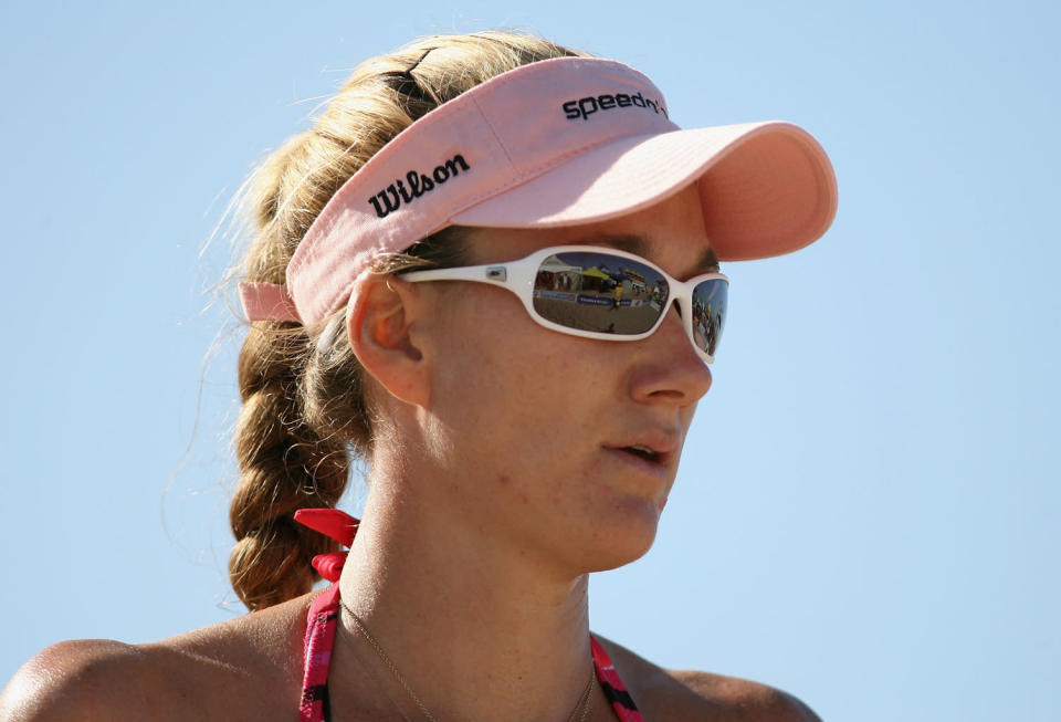 Kerri Walsh during an AVP Manhattan Beach Open winner's bracket match on September 19, 2008 at the pier in Manhattan Beach, California.