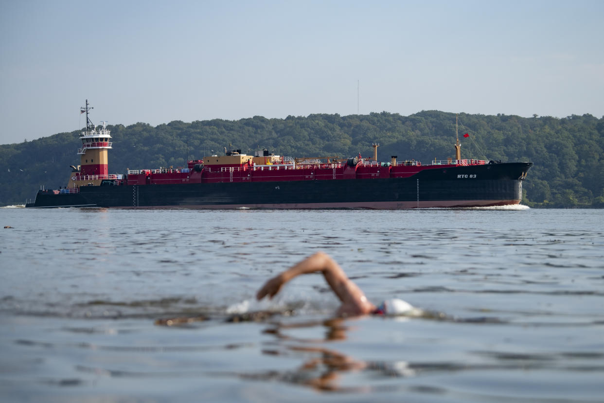 Lewis Pugh swims past ship