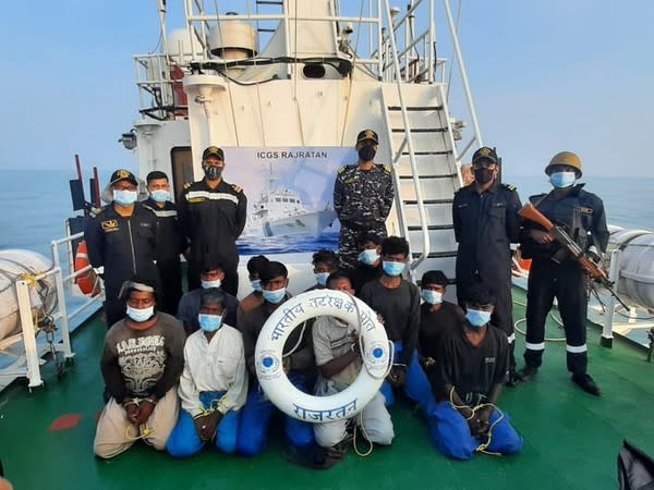 Indian Coast Guard Ship Rajratan during a surveillance mission has apprehended Pakistani boat 'Allah Pawawakal' with 12 crew present in Indian waters (Photo/ANI)