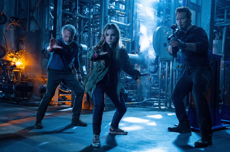 Alan Grant, Maisie Lockwood, and Owen Grady together in "Jurassic World: Dominion."