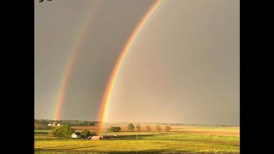 A double rainbow on the horizon after a storm passes through St. Clair County and the metro-east on Friday, April 18, 2024. This image was made with an I-phone from a ridge south of Mascoutah, not far from the Kaskaskia River, and looking northeast.