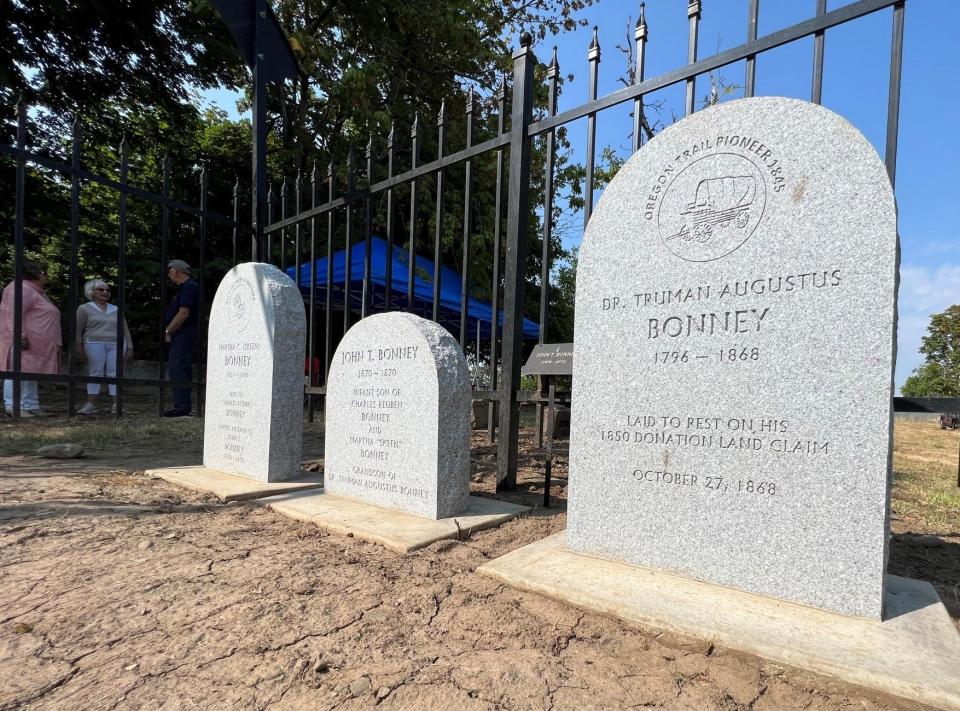 Three new granite headstones mark the graves of Dr. Truman Augustus Bonney, his daughter-in-law Martha C. (Skeen) Bonney, and his grandson John T. Bonney in a tiny pioneer cemetery on the grounds of MacLaren Youth Correctional Facility in Woodburn, Oregon.
