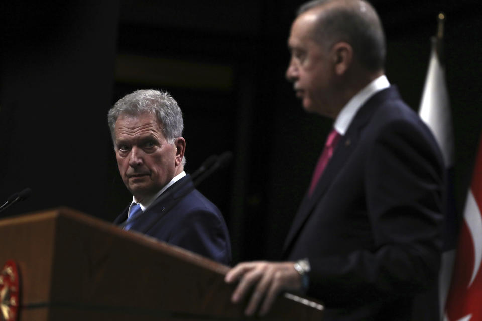 Turkish President Recep Tayyip Erdogan, right, and Finland's President Sauli Niinisto speak to the media during a press conference at the presidential palace in Ankara, Turkey, Friday, March 17, 2023. Turkey's President Recep Tayyip Erdogan said Friday that his government would move forward with ratifying Finland's NATO application, paving the way for the country to join the military bloc ahead of Sweden. (AP Photo/Burhan Ozbilici)