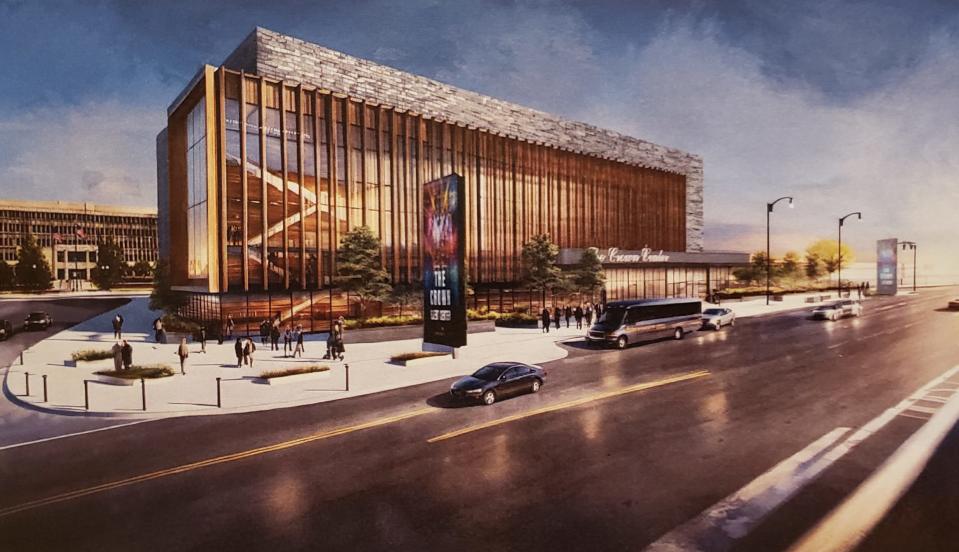 This rendering of the Crown Event Center is a redesign by EwingCole and shows the center from Otis F. Jones Parkway and Gillespie Street in downtown Fayetteville, NC. Members of the Crown Event Center Committee objected to escalating costs for the center at a meeting on Jan. 23, 2024, and directed the team delivering the center to work within a tighter budget.