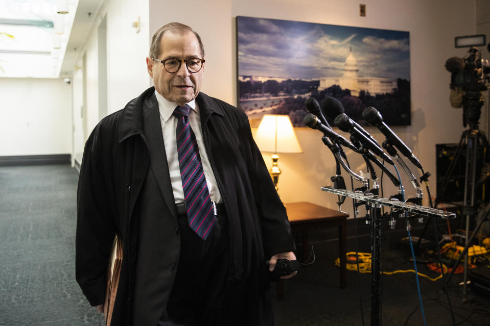 House Judiciary Committee Chairnam Jerrold Nadler, D-N.Y., leaves at the conclusion of a House Democratic Caucus meeting on Capitol Hill in Washington, Tuesday, Oct. 22, 2019. (AP Photo/Manuel Balce Ceneta)