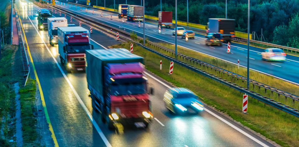 Trucks on four lane controlled-access highway in Poland.