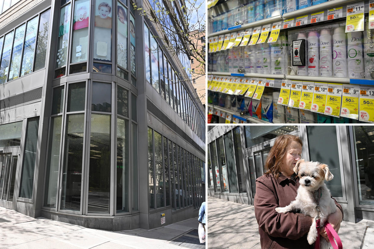 Composite of a vacant building with windows at left; deodorant lining shelves at top right; woman in a brown coat holding her dog at bottom right.