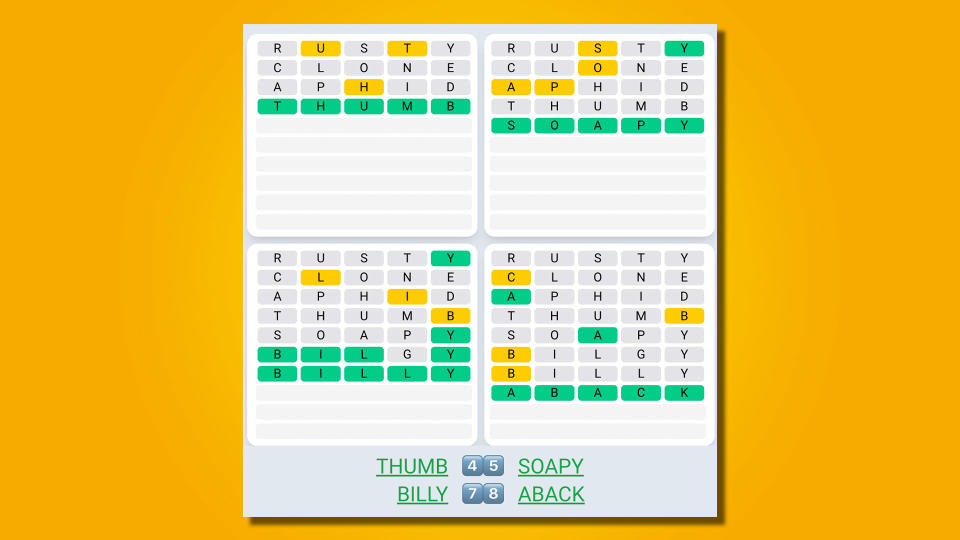 Quordle daily sequence answers for game 518 on a yellow background