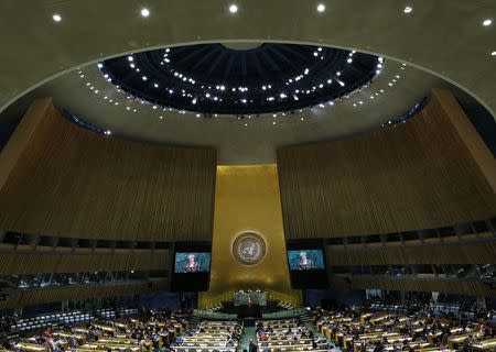 British Prime Minister Theresa May addresses the 72nd United Nations General Assembly at U.N. headquarters in New York, U.S., September 20, 2017. REUTERS/Eduardo Munoz