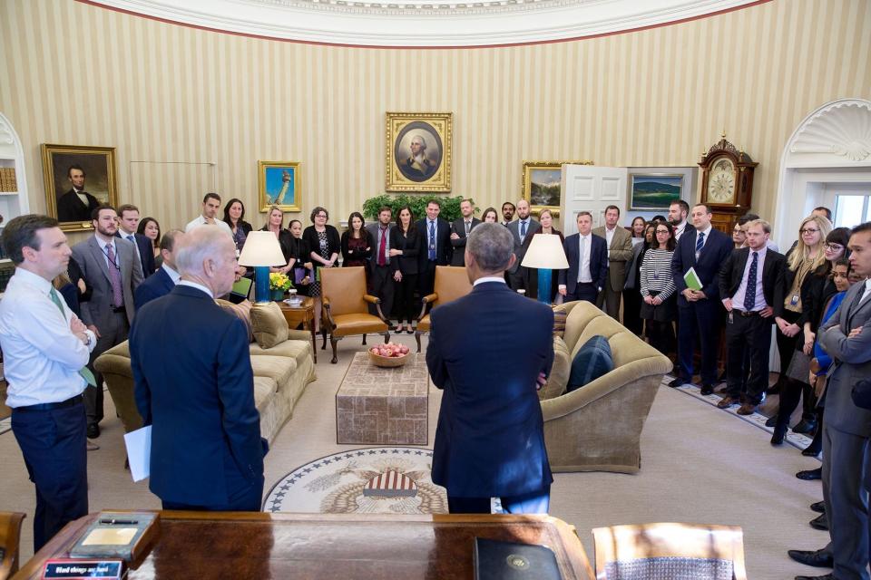 The president speaks to the White House staff in the Oval Office the morning after the 2016 Election on Nov. 9.