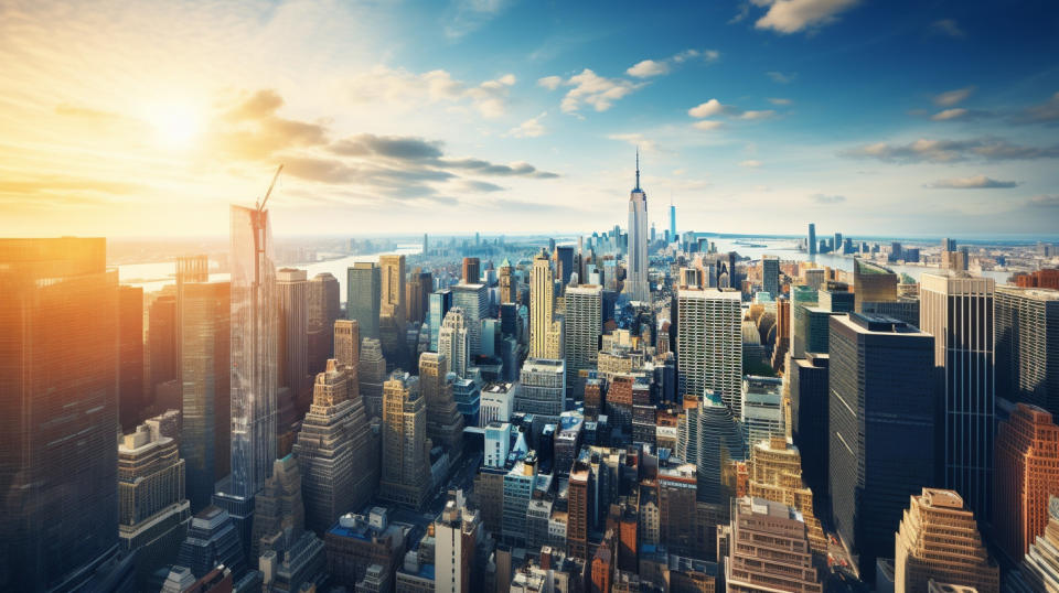 Aerial view of a city skyline, with many buildings owned by the real estate arm of the company.