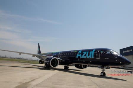 E2-195 plane with Brazil's No. 3 airline Azul SA logo is seen during a launch event in Sao Jose dos Campos