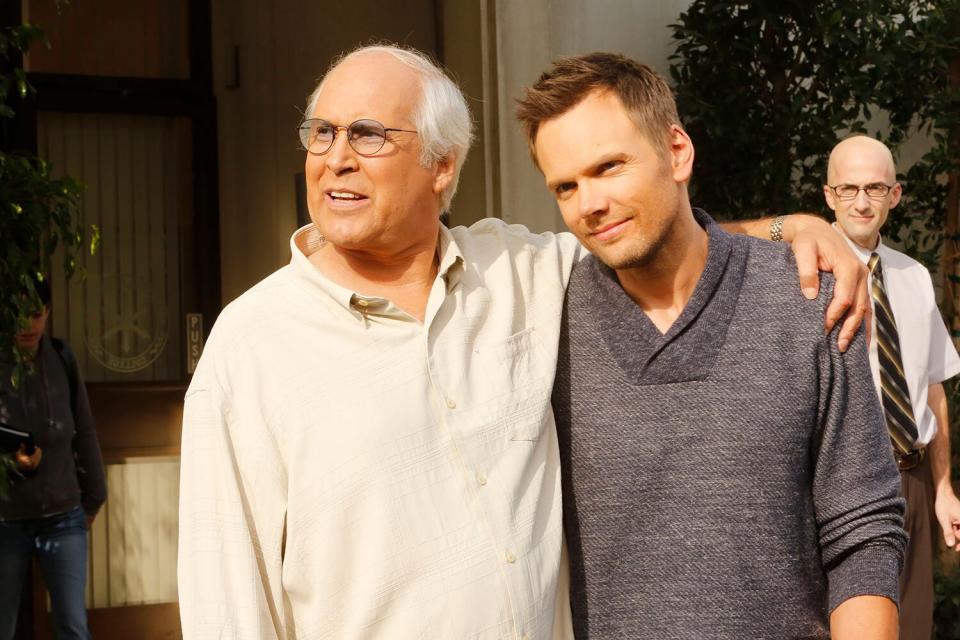 COMMUNITY -- "Economics Of Marine Biology" Episode 406 -- Pictured: (l-r) Chevy Chase as Pierce, Joel McHale as Jeff Winger, Jim Rash as Dean Pelton -- (Photo by: Vivian Zink/NBCU Photo Bank/NBCUniversal via Getty Images via Getty Images)