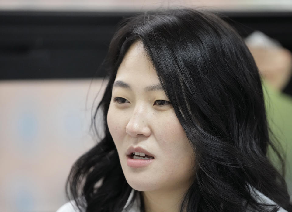Film director Sun Hee Engelstoft speaks during an interview in Seoul, South Korea on May 28, 2021. Bringing her camera to a home for unwed mothers on South Korea’s Jeju island, Engelstoft anticipated an empowering story about young women keeping their babies. She ended up with a raw and unsettling documentary about how a deeply conservative sexual culture, lax birth registration laws and a largely privatized adoption system continue to pressure and shame single mothers into relinquishing their children for adoption. (AP Photo/Lee Jin-man)
