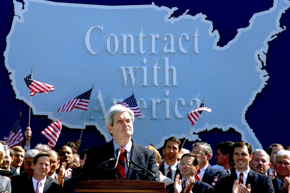 Newt Gingrich  addresses Republican congressional candidates on Capitol Hill on Sept. 27, 1994,  during a rally where they pledged a Contract with America.   