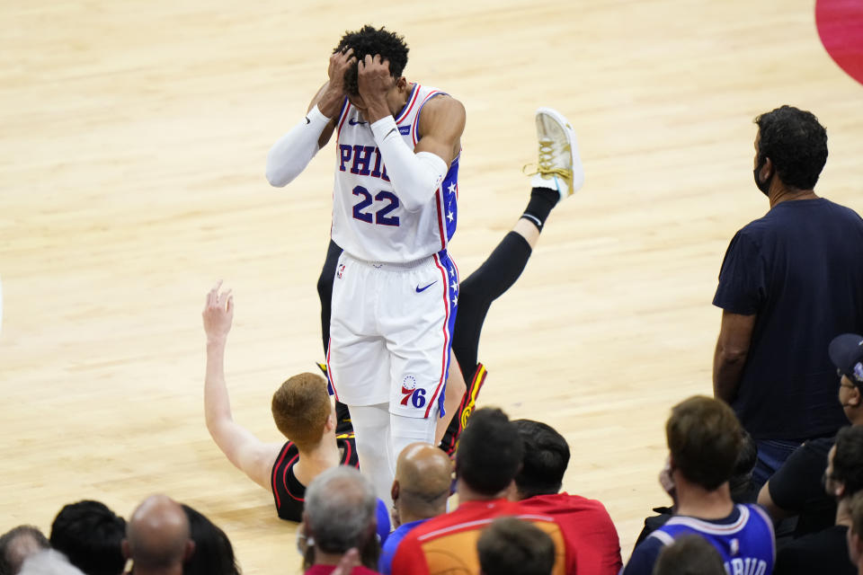 Philadelphia 76ers' Matisse Thybulle reacts after fouling Atlanta Hawks' Kevin Huerter in the final minutes of Game 7 in a second-round NBA basketball playoff series, Sunday, June 20, 2021, in Philadelphia. The No. 1 seed, the home-court edge and playing a Hawks team that fired its coach and didn’t have a single All-Star wasn’t enough to even get the 76ers to the East final. (AP Photo/Matt Slocum)