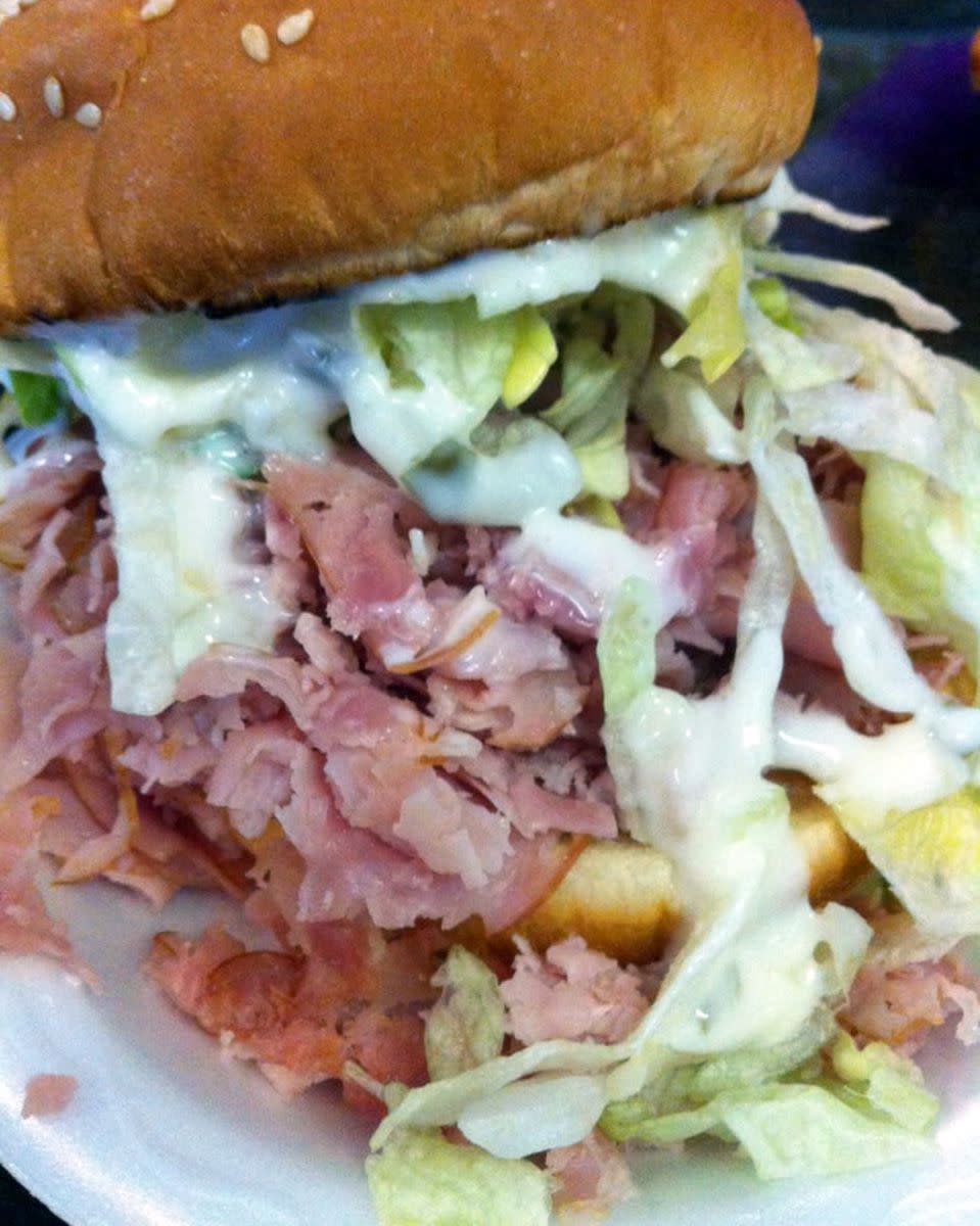 Closeup of Ham Sandwich on a white styrofoam plate, Cam's Ham, Huntington, West Virginia